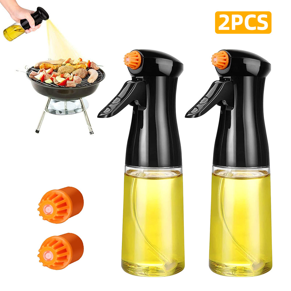 Two oil sprayers with a person using one on a grill, surrounded by additional oil sprayer nozzles.