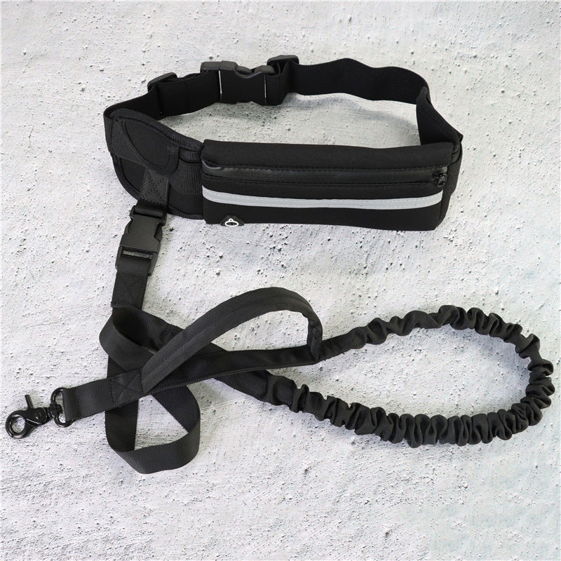 A dog leash and matching waist bag set shown with a dog on the left and a runner wearing the leash and bag on the right. The leash is bright neon green and black with a bungee-style connector, and the waist bag is neon green with black trim.