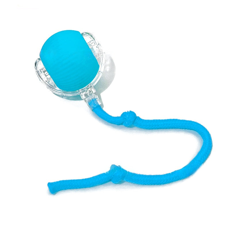 Blue lanyard with a clear plastic clip on a white background