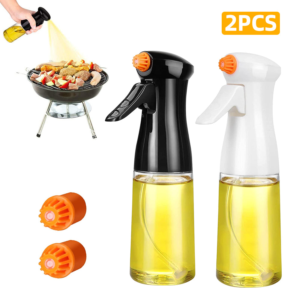Two oil sprayer bottles with orange nozzles and a person using one on a grill.