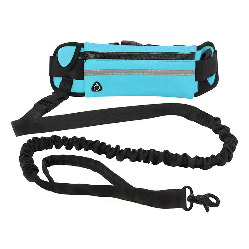 Blue waist bag with black bungee leash on a white background